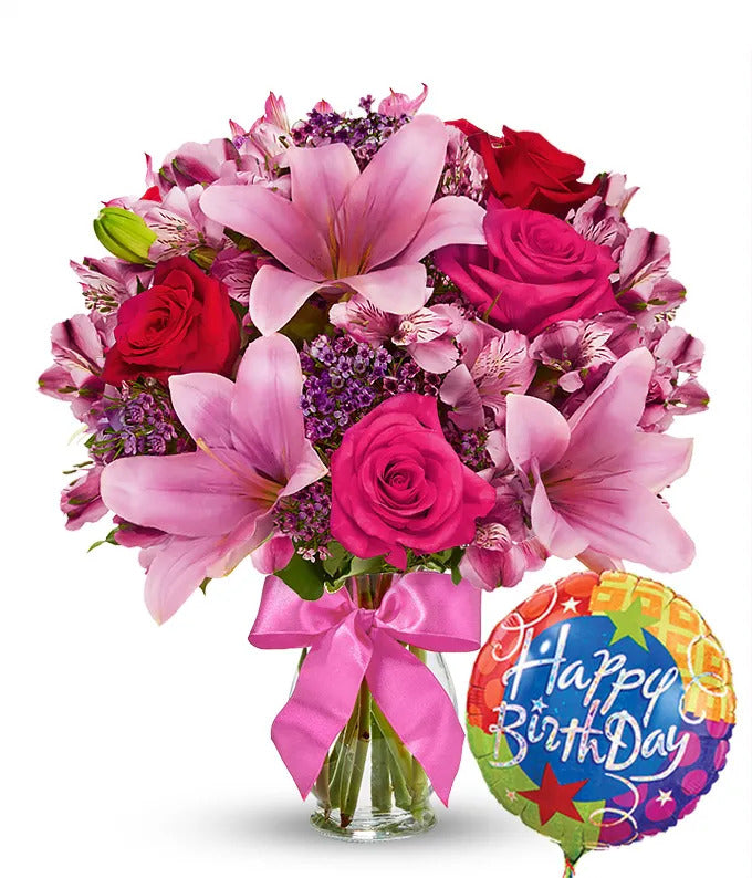Rose & Lily Birthday Bouquet with Balloon