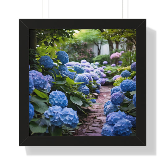 Blue Hydrangea Garden Framed Vertical Poster