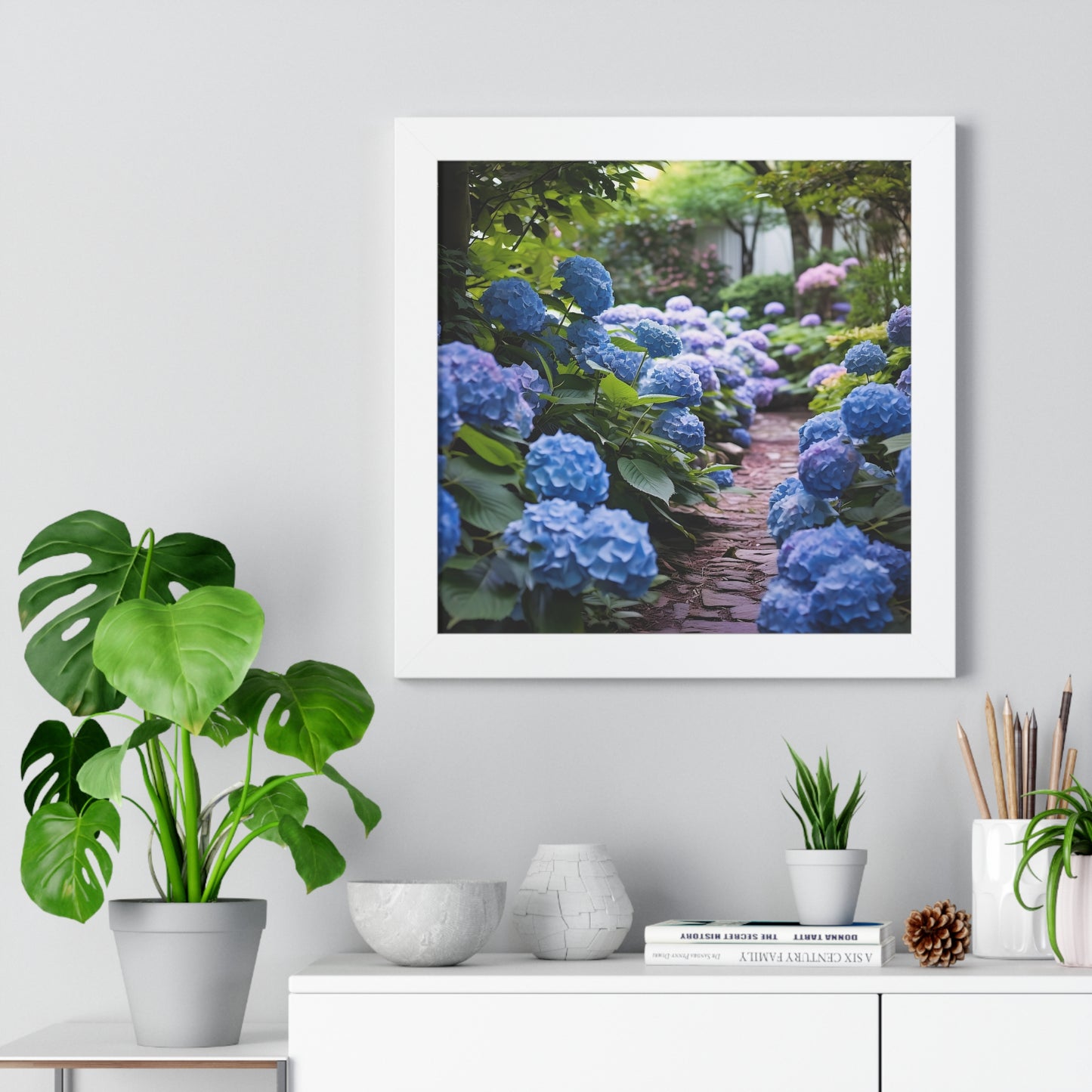 Blue Hydrangea Garden Framed Vertical Poster