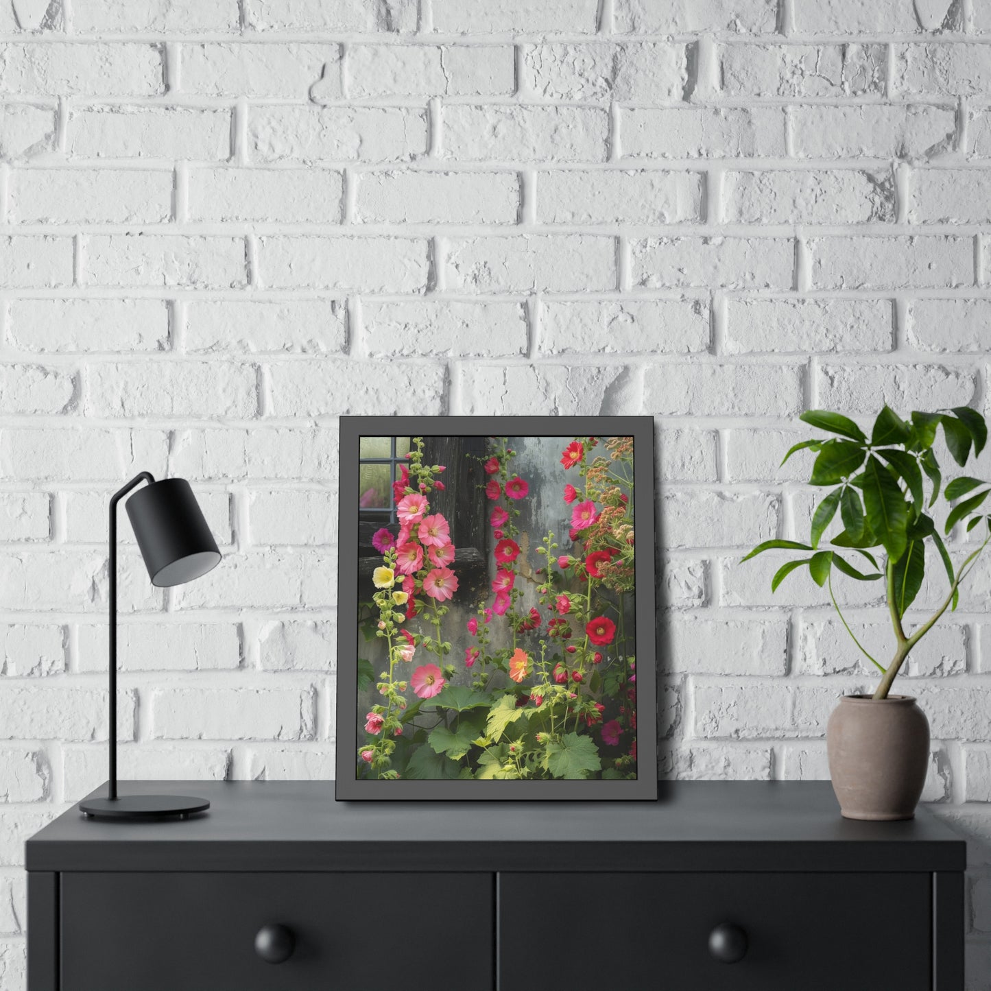 Rustic Hollyhocks Framed Paper Posters