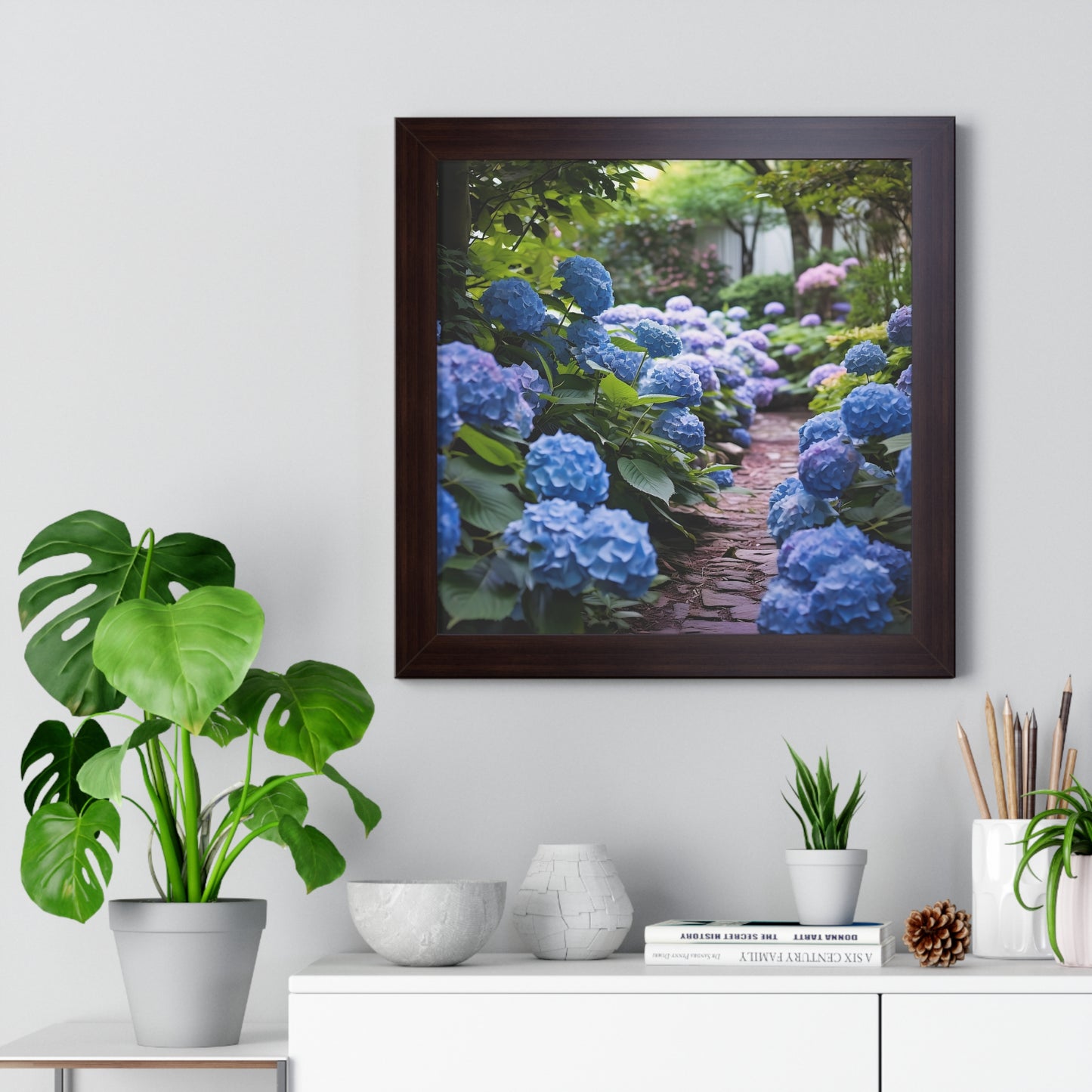 Blue Hydrangea Garden Framed Vertical Poster