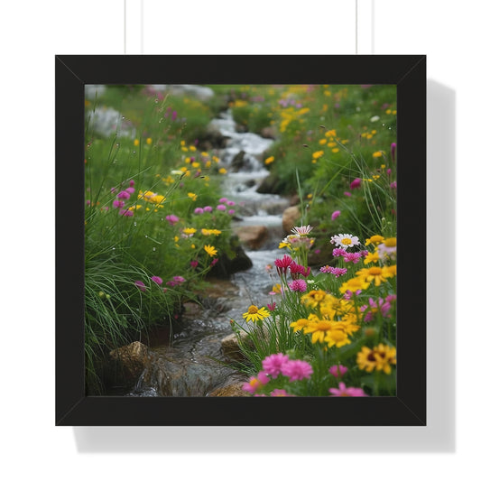 Pink and Yellow Wildflowers by the Stream Framed Vertical Poster
