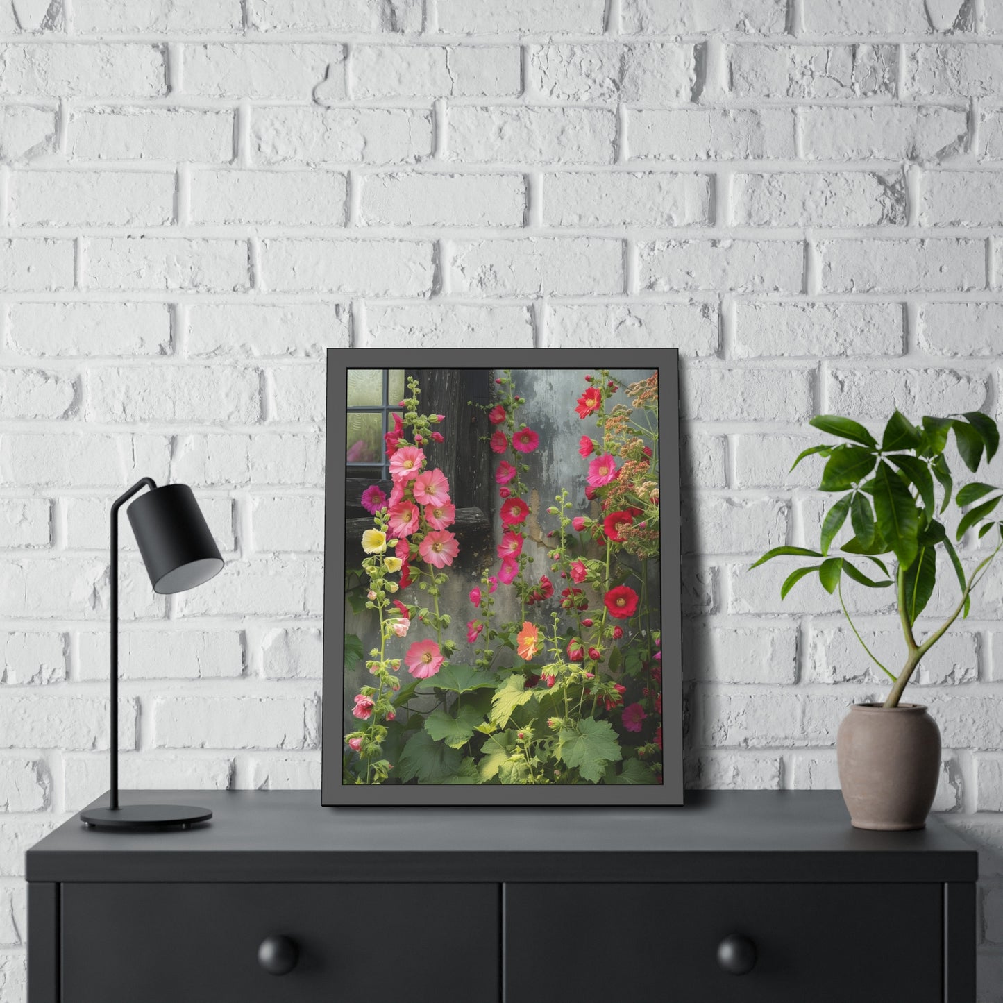 Rustic Hollyhocks Framed Paper Posters