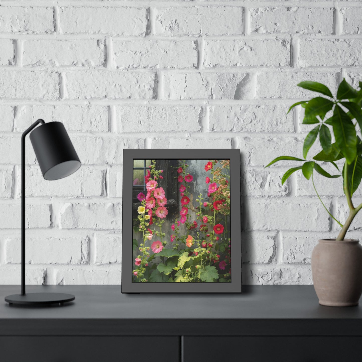 Rustic Hollyhocks Framed Paper Posters