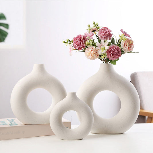 Nordic Ceramic Vase Circular Hollow Donuts Flower Vases Decoration